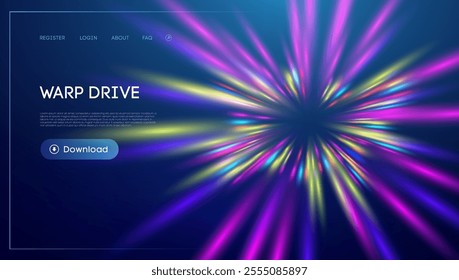 Warp tunnel speed of light technology background. Neon light futuristic beams. Warp drive vector background.