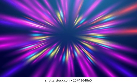 Warp tunnel speed of light technology background. Neon light futuristic beams. Warp drive vector background. Ppt webinar presentation bg for banner template.