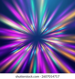 Warp tunnel speed of light technology background. Neon light futuristic beams. Warp drive vector background.