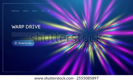 Warp tunnel speed of light technology background. Neon light futuristic beams. Warp drive vector background.