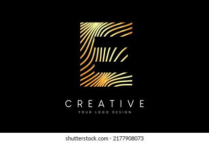 Diseño del logotipo "Warp Zebra Lines Letter E" con líneas doradas y vectores de iconos creativos. Ilustración del logotipo de la carta de líneas de socorro.