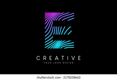 Diseño del logotipo "Warp Zebra Lines Letter E" con líneas puras neón y vector de iconos creativos. Ilustración del logotipo de la carta de líneas de socorro.