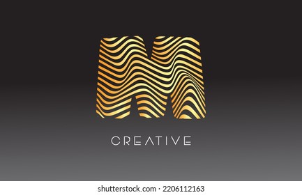 Diseño del logotipo "Warp Zebra Lines Letter M" con líneas doradas y vectores de iconos creativos. Ilustración del logotipo de la carta de líneas de socorro.