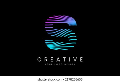 Warp Zebra Lines Letter S logo Design with Neon Purple Lines and Creative Icon Vector. Relief Lines Letter Logo Illustration.
