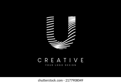 Diseño del logotipo "Warp Zebra Lines Letter U" con líneas en blanco y negro y vectores de iconos creativos. Ilustración del logotipo de la carta de líneas de socorro.