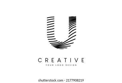 Warp Zebra Lines Letter U logo Design with Black and White Lines and Creative Icon Vector. Relief Lines Letter Logo Illustration.