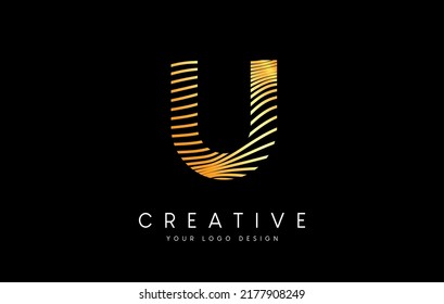 Diseño del logotipo "Warp Zebra Lines Letter U" con líneas doradas y vectores de iconos creativos. Ilustración del logotipo de la carta de líneas de socorro.