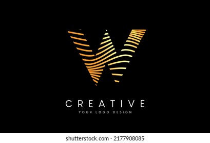 Diseño del logotipo "Warp Zebra Lines Letter W" con líneas doradas y vectores de iconos creativos. Ilustración del logotipo de la carta de líneas de socorro.
