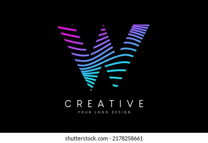 Warp Zebra Lines Letter W logo Design with Neon Purple Lines and Creative Icon Vector. Relief Lines Letter Logo Illustration.
