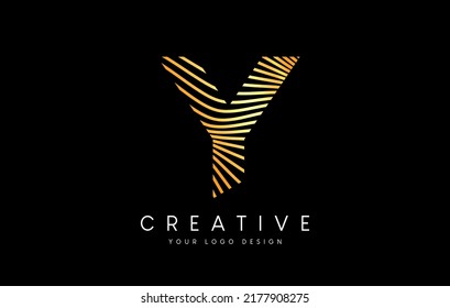 Warp Zebra Lines Letter Y logo Design with Golden Lines and Creative Icon Vector. Relief Lines Letter Logo Illustration.