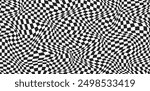 Warped background with geometric graphic. Abstract chess square surface. Checkerboard wavy pattern. Checkered psychedelic optical illusion print. Y2k design for banner. Vector illustration