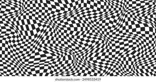 Warped background with geometric graphic. Abstract chess square surface. Checkerboard wavy pattern. Checkered psychedelic optical illusion print. Y2k design for banner. Vector illustration