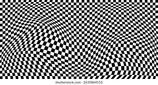 Warped black and white checkered pattern. Distorted chessboard grid creating an optical illusion effect. Wavy background for retro, psychedelic, visual designs. Abstract vector illustration.