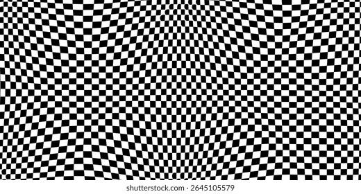 Warped black and white checkered pattern. Distorted chessboard grid creating an optical illusion effect. Wavy background for retro, psychedelic, visual designs. Abstract vector illustration.