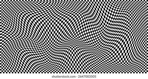 Warped black and white checkered pattern. Distorted chessboard grid creating an optical illusion effect. Wavy background for retro, psychedelic, visual designs. Abstract vector illustration.
