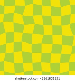 Comprobación retorcida sin problemas. Trippy, fondo de tablero de ajedrez ondeado con colores verde y amarillo vivos. 