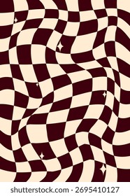 Warped checkerboard background in brown tones. A retro psychedelic pattern with distorted squares, perfect for 70s-inspired fabric prints or groovy posters.