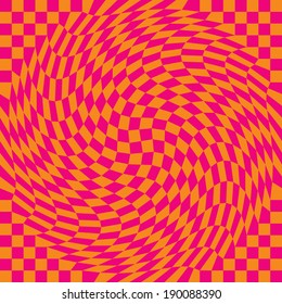 Warped checkerboard pattern in pink and orange repeats seamlessly. 