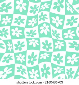 Warped Checkered Daisy Pattern. Vector Seamless Pattern