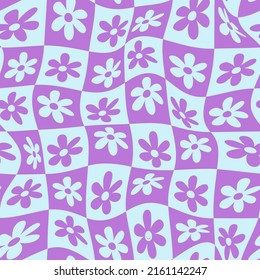 Warped checkered daisy pattern. Vector seamless pattern