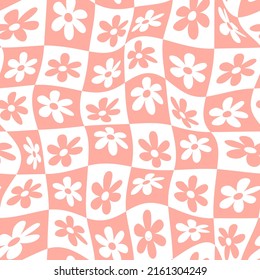Warped checkered daisy pattern. Vector seamless pattern