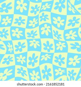 Warped checkered daisy pattern. Vector seamless pattern