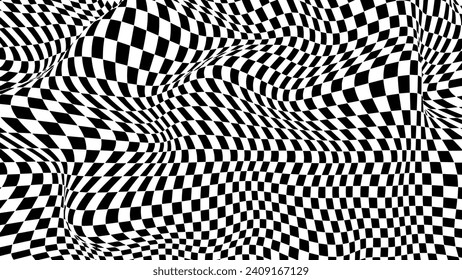 Warped checkered pattern. Optical illusion trippy background. Vector wave checkerboard
