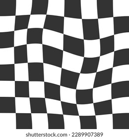 Warped chess board background. Checkered optical illusion. Psychedelic pattern with distorted black and white squares. Race flag or plaid texture. Trippy checkerboard surface. Vector illustration