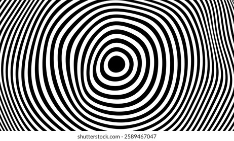 Warped Circles Banner. Psychedelic Warped Lines Optical Illusion Texture. Abstract Geometric Background Vector Design. Black and White Modern Pattern Op Art Illustration.