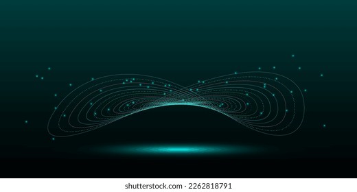 Warped closed lines in the form of an infinity sign for a design on the theme of space and time warping. Glowing abstract figure on dark green background. Vector illustration