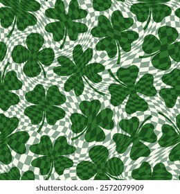 Warped, distorted check seamless vector pattern with green four leaf clovers for Saint Patrick's Day , sage green and off white wavy checkered background, groovy psychedelic checkerboard backdrop
