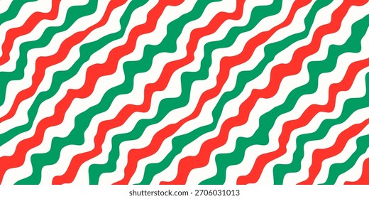 Warped, distorted diagonal stripes seamless vector pattern, Psychedelic striped red and green Christmas background