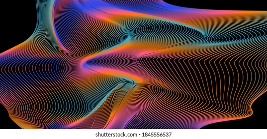 Rejilla holográfica deformada y distorsionada sobre fondo oscuro. Resumen de la ilustración de la tecnología para afiches, portada.