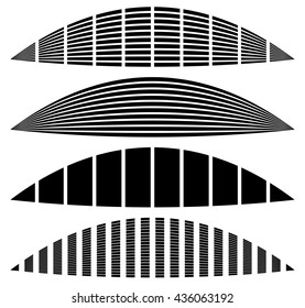 Warped, distorted rectangles, vertical, horizontal lines. Set of different EQ, equalizer shapes, elements.