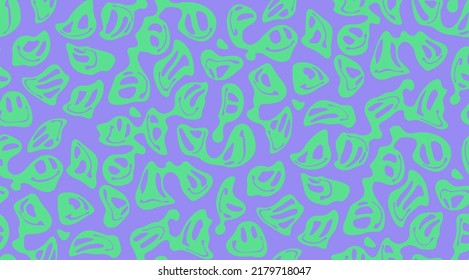 Warped Faces Seamless Pattern, Distorted Melting Smiley Face. Psychedelic Background.