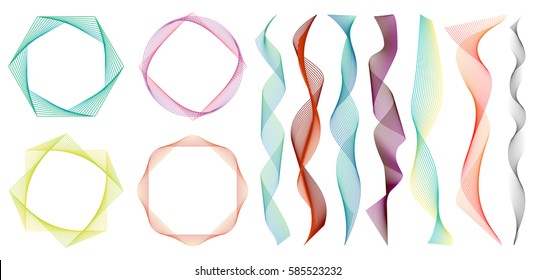 Warped gradient lines set. Abstract twisted vector design templates. Striped waving geometric backdrop. Collection of colored intertwined ribbons.