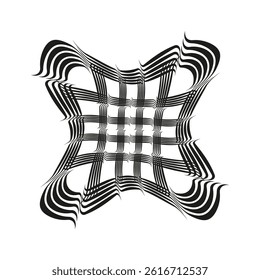 Warped grid pattern. Geometric distortion element. Optical vector texture. Black white ornament.