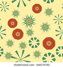 Warped Paper Yellow Orane green Abstract simple seamless pattern for design. Vector background with geometric stars and flowers. Circular colorful texture for textile, warping paper, childs clothes