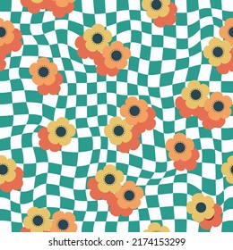 Warped retro checkerboard seamless pattern with abstract groovy floral for background,packaging,surface,textile print,wallpaper,decoration,wrapping,kids album,scrapbook