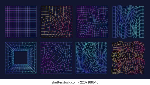 Warped retro grid. Nft cyber gravity grids, warp tunnel retrowave 80s colors neon prism vaporwave cyberpunk 90s techno pattern glitch computer background garish vector illustration of retrofuturistic