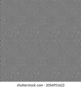 Warped seamless pattern of black wavy lines. Optical art repeatable texture. Vibrant dynamic wallpaper.