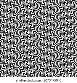 Warped seamless pattern of black wavy lines. Optical illusion vibrant repeatable texture.