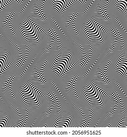 Warped seamless pattern of black white wavy lines. Optical art repeatable texture. Vibrant zebra wallpaper.