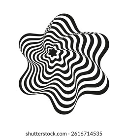 Warped star shape. Ripple illusion design. Wavy optical vector. Bold contrast pattern.