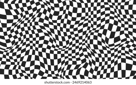 Warped surface background with geometric graphic. Abstract chess square print. Checkerboard wavy pattern. Checkered psychedelic optical illusion. Y2k design for banner. Vector illustration