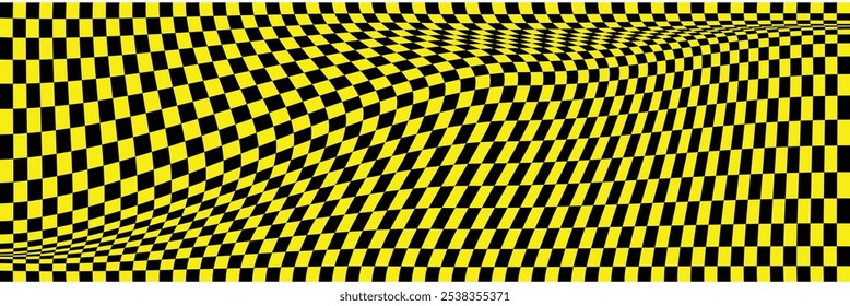 Warped surface background with geometric graphic. Abstract chess square print. Checkerboard wavy pattern. Checkered psychedelic optical illusion. Y2k design for banner. Vector illustration
