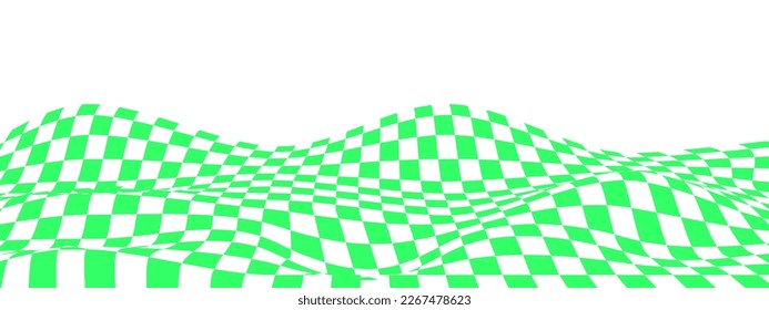 Warped texture with green and white squares. Undulate chessboard, race flag, textile plaid, tile floor surface. Waved checkered pattern background. Vector flat illustration