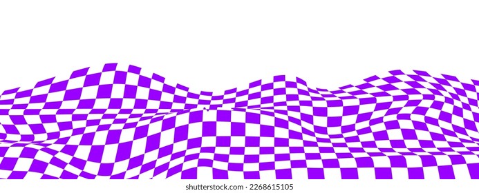 Textura retorcida con cuadrados morados y blancos. Cartón de ajedrez undulado, bandera a cuadros, manta textil, superficie del suelo de baldosas. Fondo de patrón de cuadros ondulados. Ilustración plana del vector