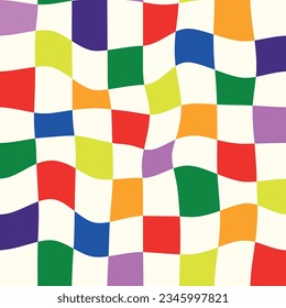Warped wavy Rainbow checkered squares seamless pattern. for backgrounds, fabric and textile 