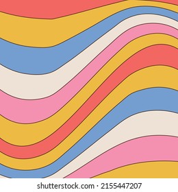 Warped wavy stripes in retro colors. 70s style groovy background. Vector hand drawn illustration with linear contour.